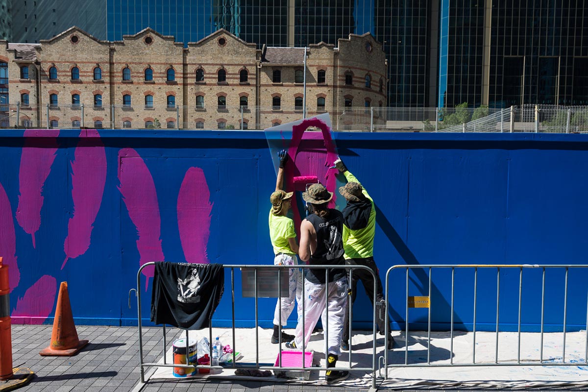 As The Crow Flies, a work in progress being painted at Barangaroo. Photograph by Daniel Boud, 2017