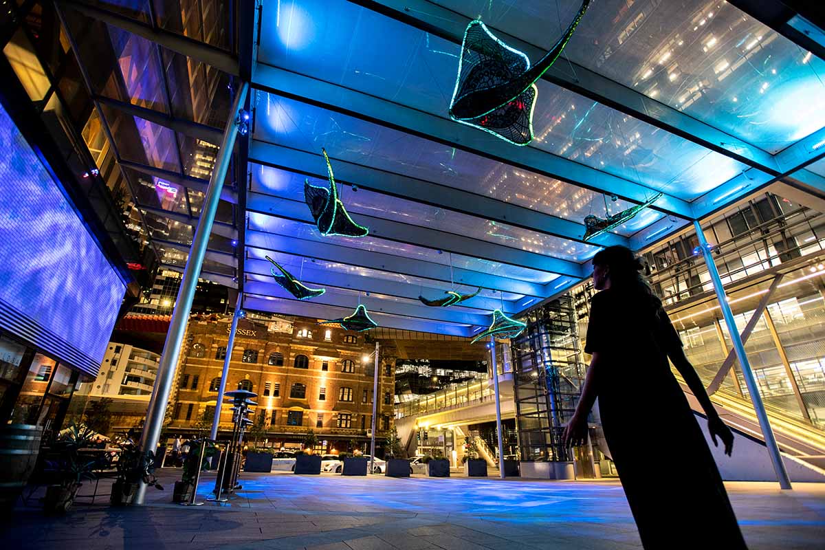 Mermer Waiskeder: Stories of the Moving Tide, a major new permanent installation by Ghost Net Collective commissioned by Lendlease for Sydney’s Exchange Square at Barangaroo South. Photo: Steven Siewert.